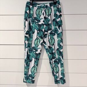 a.peach Tropical Leaf Print Pants Womens L Green Palm Resort Casual